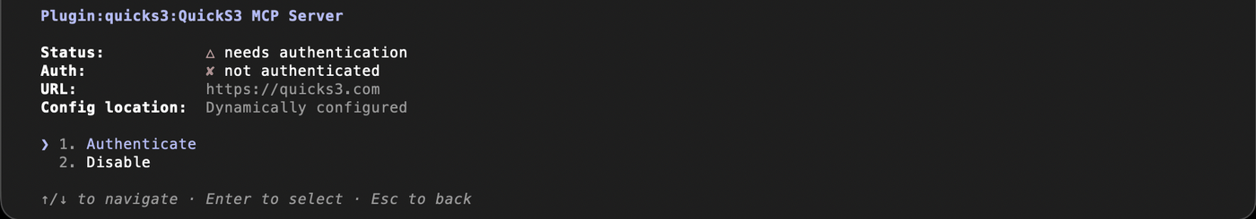 The QuickS3 MCP server details in Claude Code with the Authenticate option selected