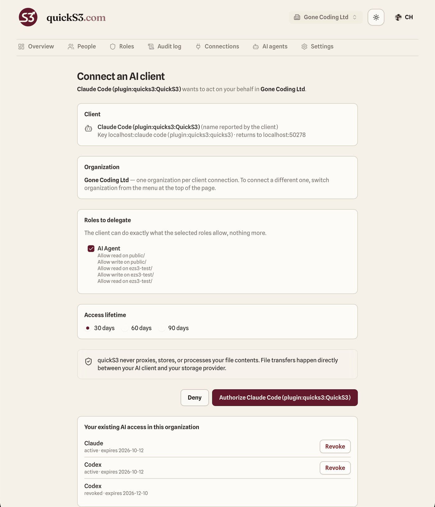 The quickS3 consent page authorizing Claude Code, with the existing Claude and Codex grants listed below
