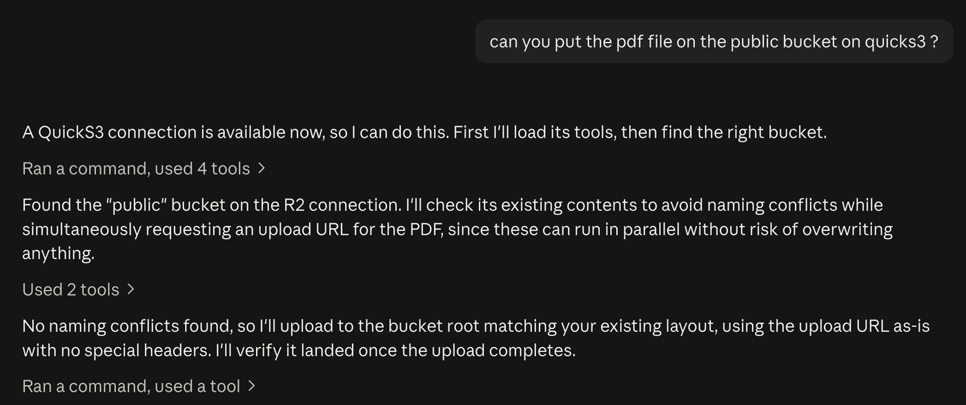 Claude finding the public bucket on an R2 connection, checking for name clashes, and uploading a PDF through quickS3