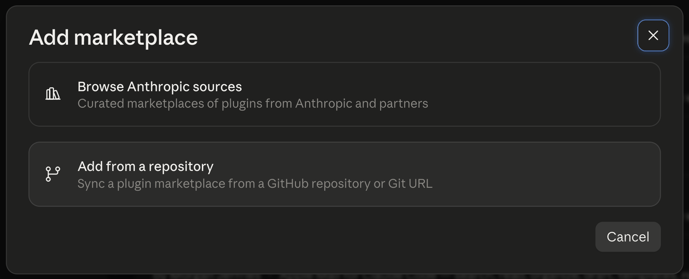 The Add marketplace dialog offering Anthropic sources or a repository