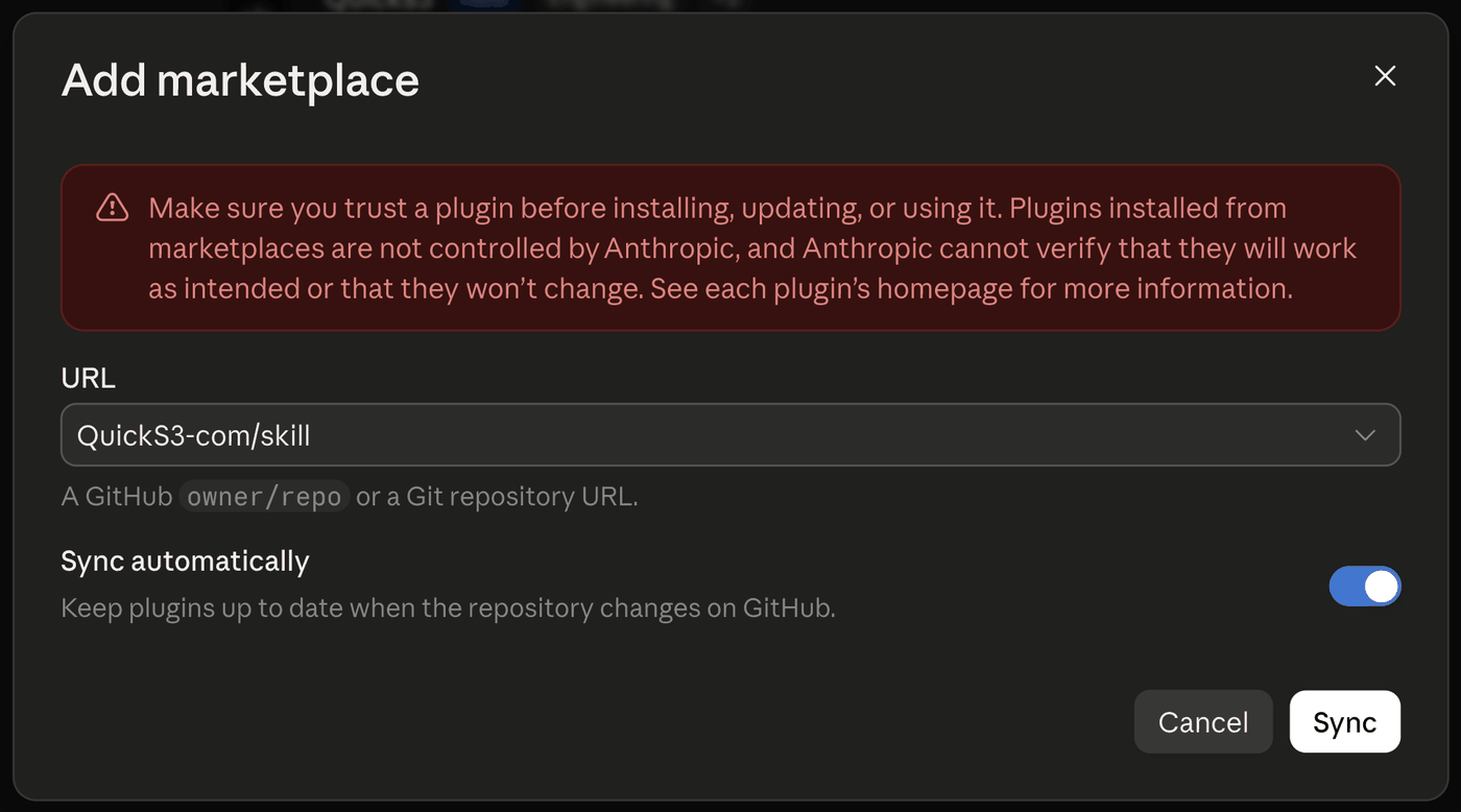 The Add marketplace dialog with QuickS3-com/skill as the repository URL