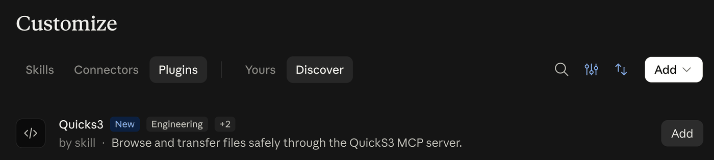 The Discover tab showing the Quicks3 plugin with an Add button