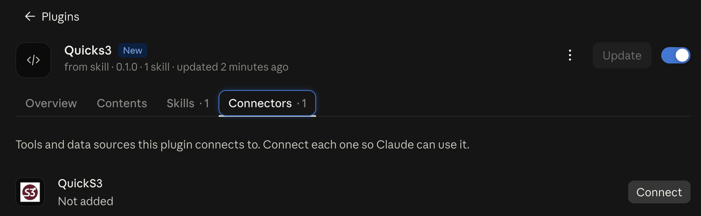 The Quicks3 plugin page, Connectors tab, with QuickS3 not added and a Connect button