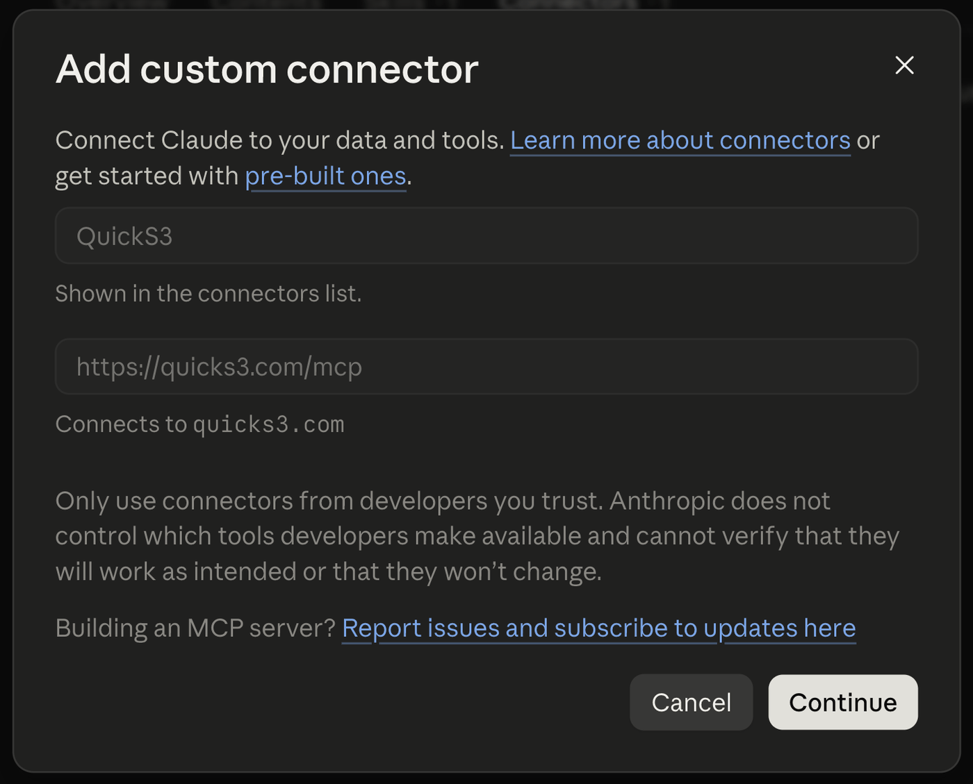 The Add custom connector dialog pre-filled with QuickS3 and https://quicks3.com/mcp