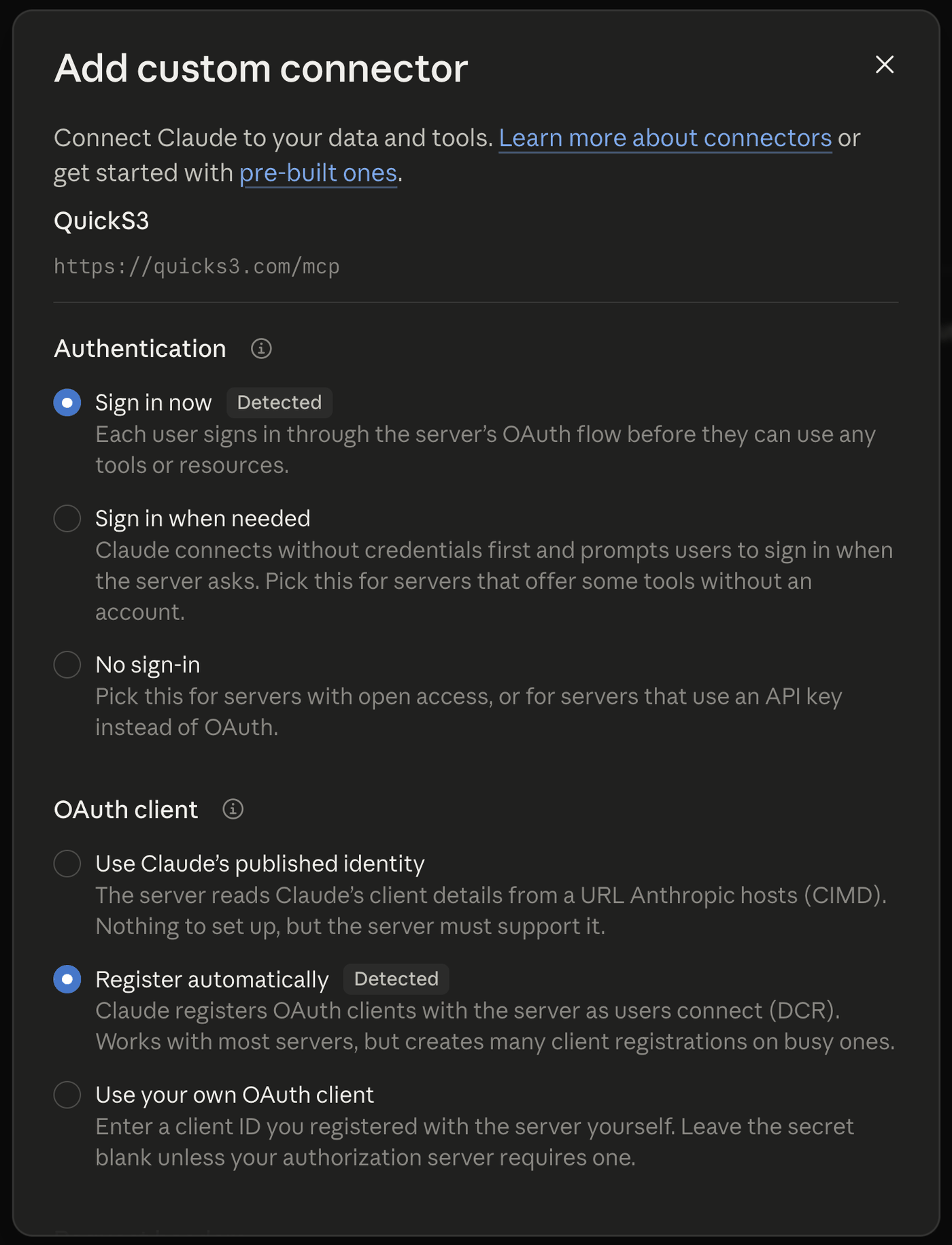 Authentication options with "Sign in now" and "Register automatically" detected and selected