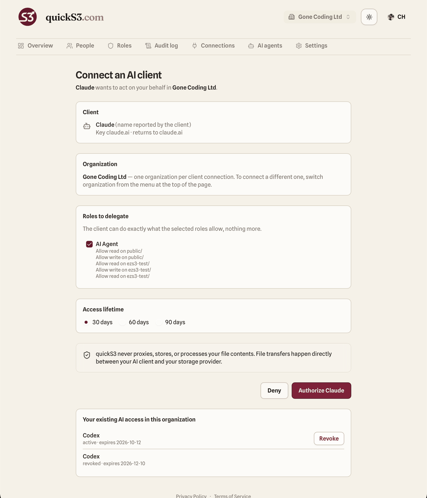 quickS3 consent page asking to authorize Claude with the AI Agent role and a 30-day access lifetime