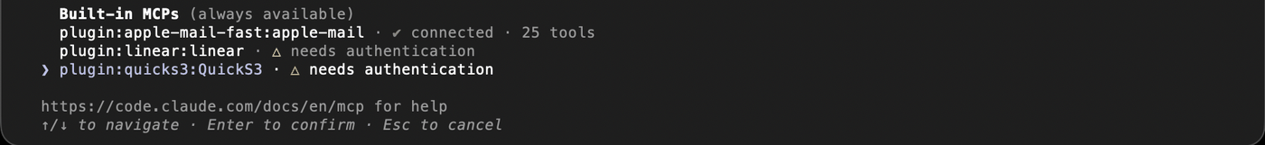 Claude Code's /mcp list showing plugin:quicks3:QuickS3 needing authentication