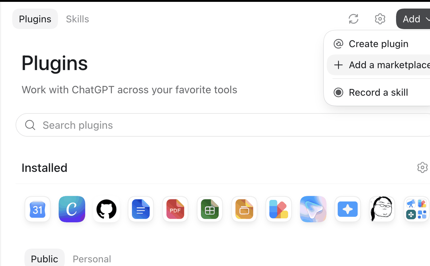 The Codex Plugins page with the Add menu open and "Add a marketplace" highlighted