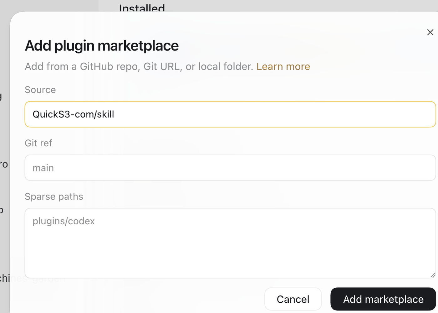 The "Add plugin marketplace" dialog with QuickS3-com/skill as the source