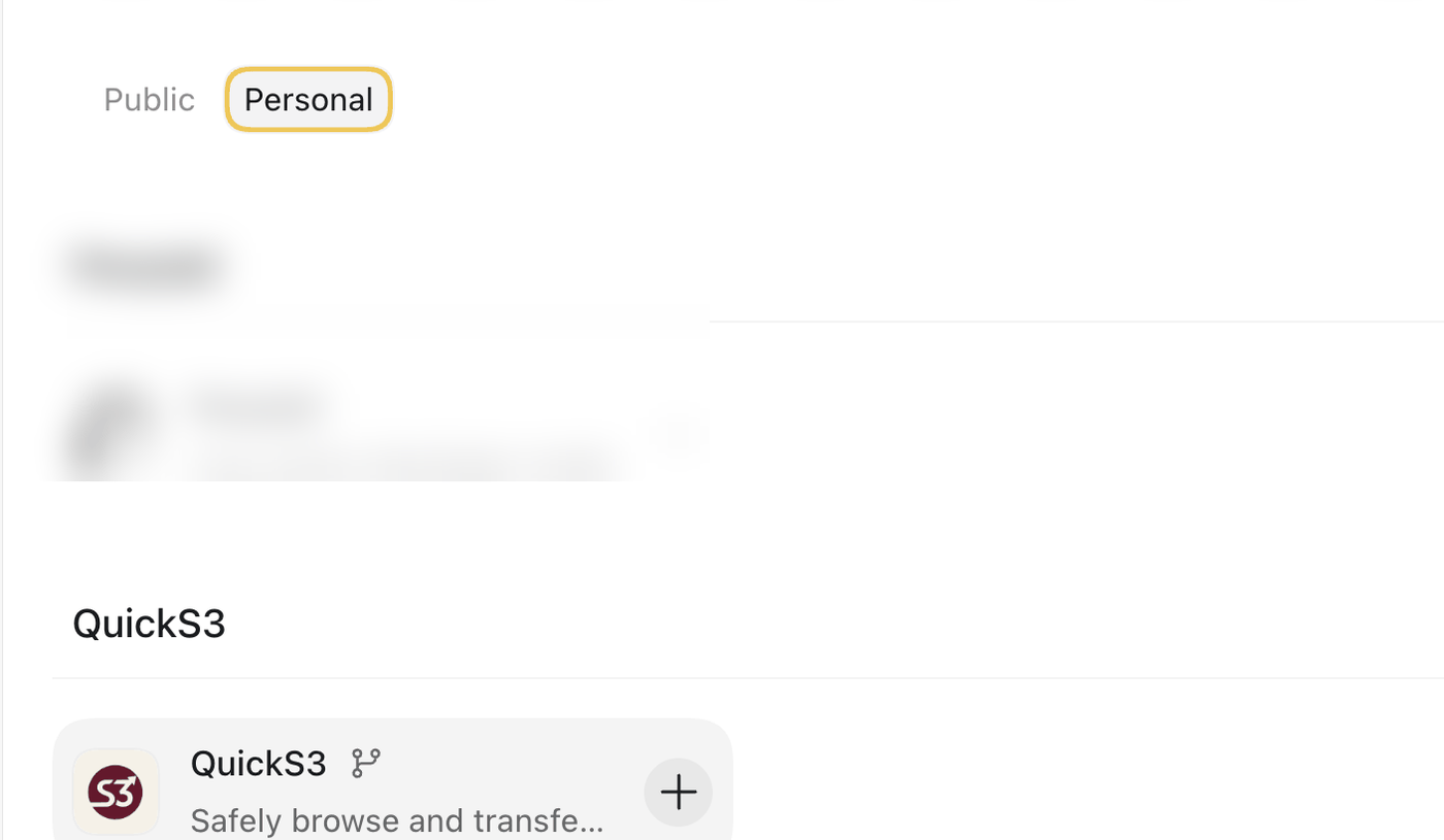 The Personal tab listing the QuickS3 plugin with its install button