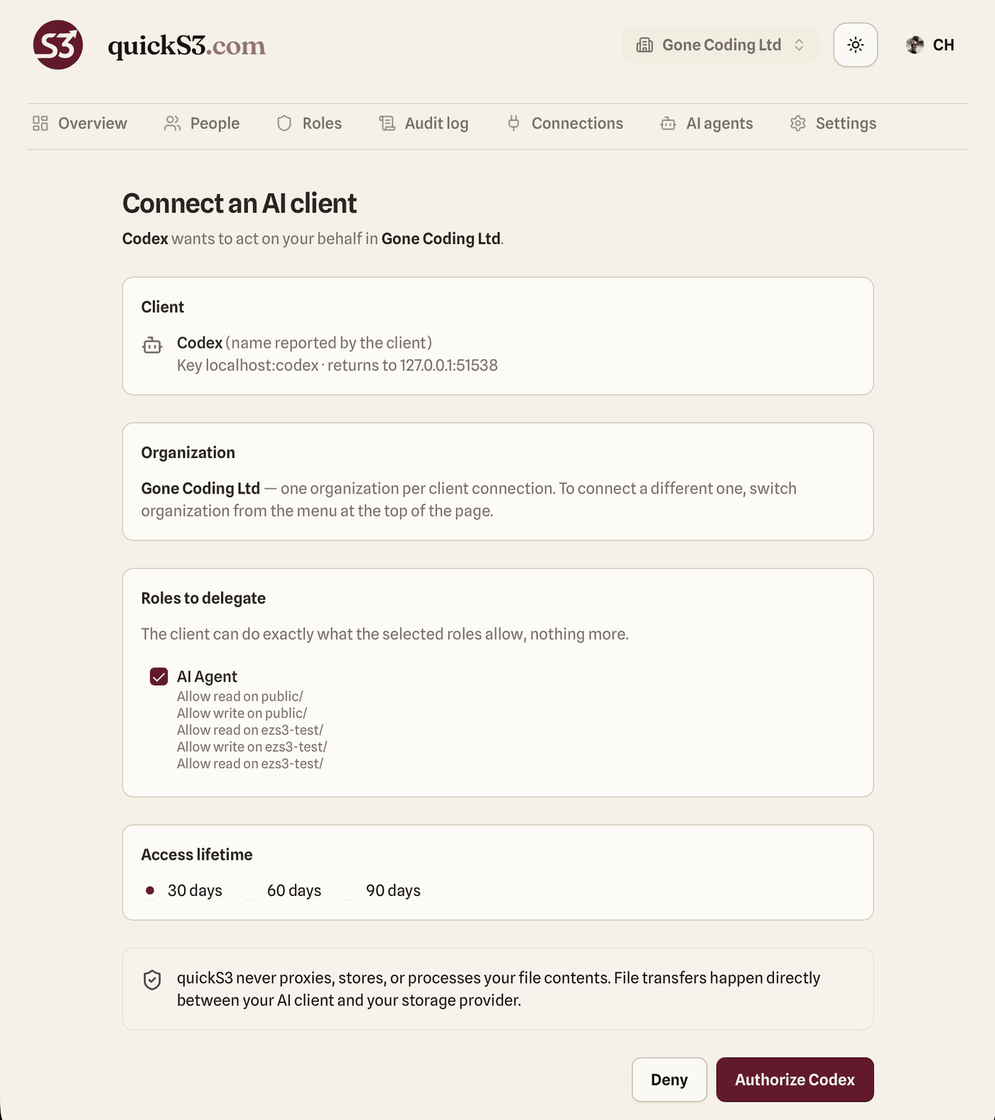 The quickS3 consent page with the AI Agent role listed under "Roles to delegate", along with its allow rules