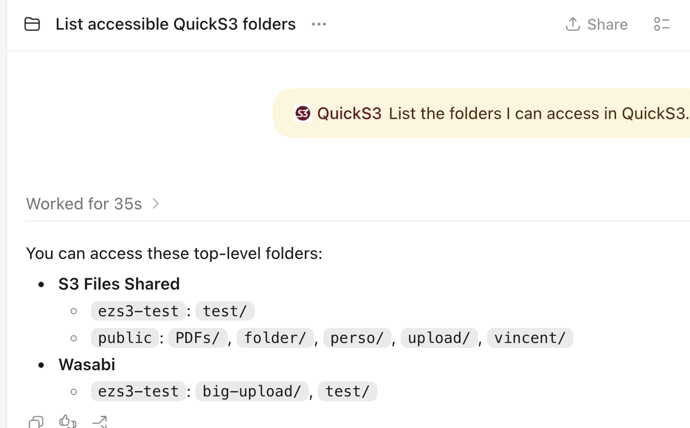 Codex listing the accessible folders across two storage connections