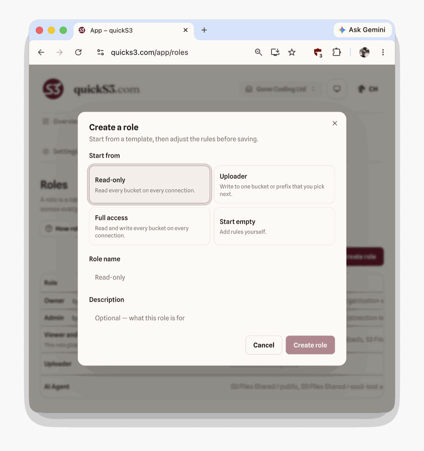 The "Create a role" dialog in quickS3, with the Read-only, Uploader, Full access, and Start empty templates
