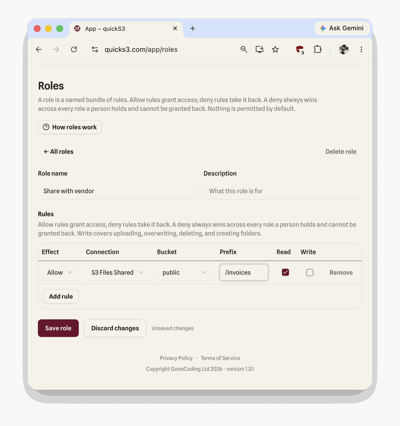 A quickS3 role named "Share with vendor" with one rule: allow read on the invoices prefix of the public bucket, write unticked
