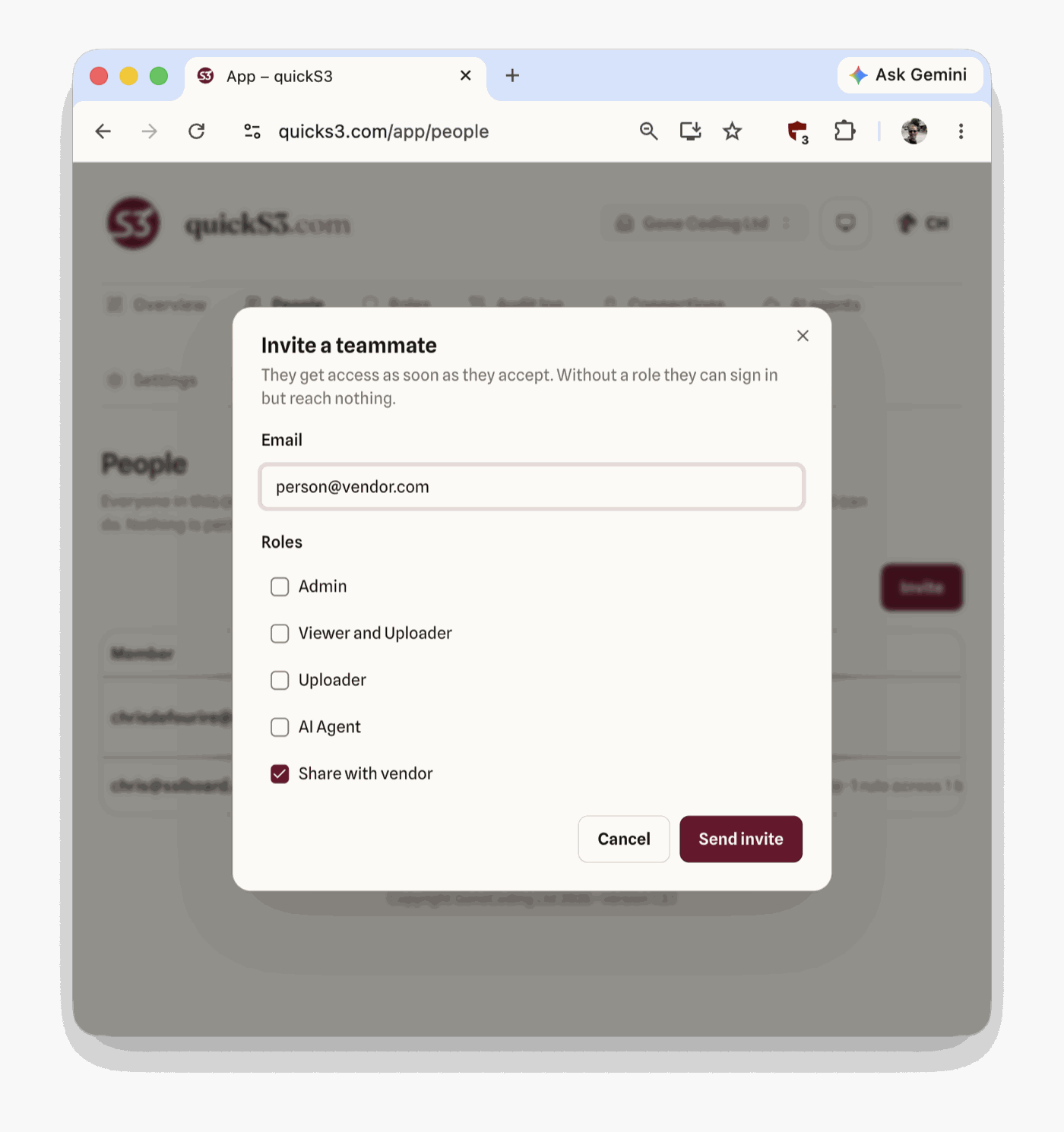 The "Invite a teammate" dialog with person@vendor.com entered and the "Share with vendor" role ticked