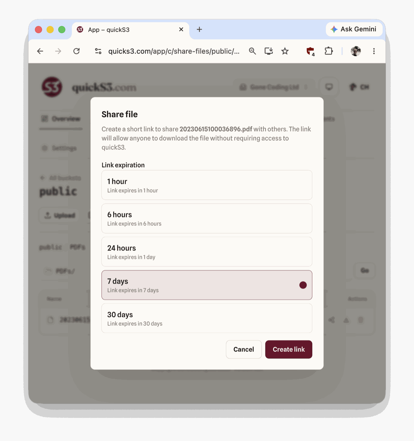 The quickS3 "Share file" dialog for a PDF, with link expiration options from 1 hour to 30 days