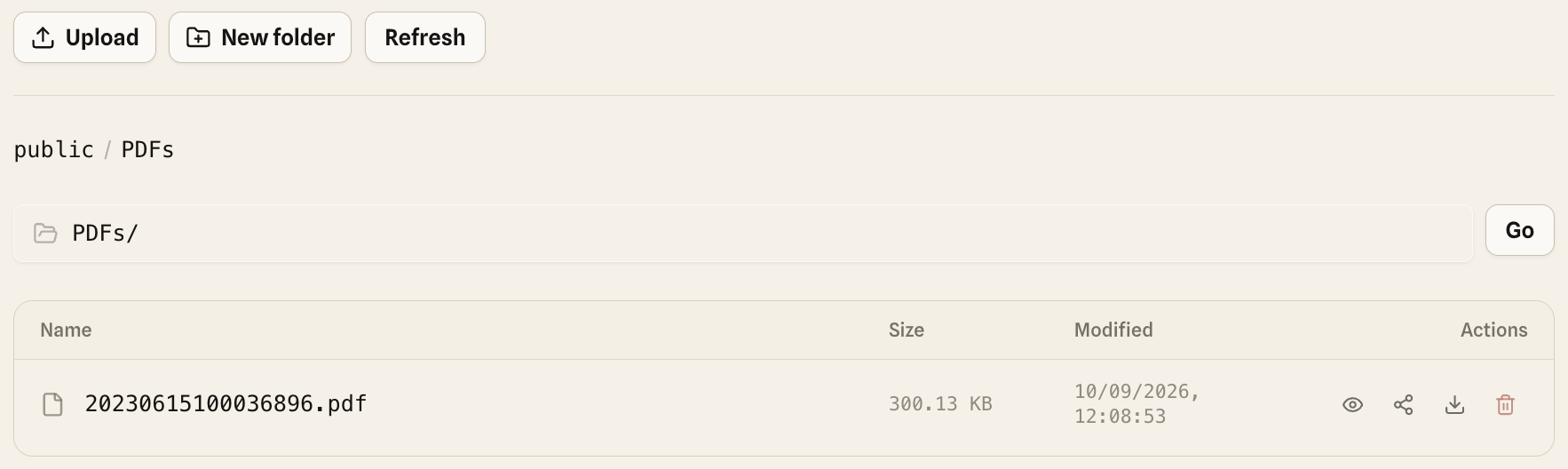 File browser in public / PDFs, with Upload, New folder, and Refresh buttons, a PDFs/ path field and Go button, and one PDF row with size, modified date, and action icons.