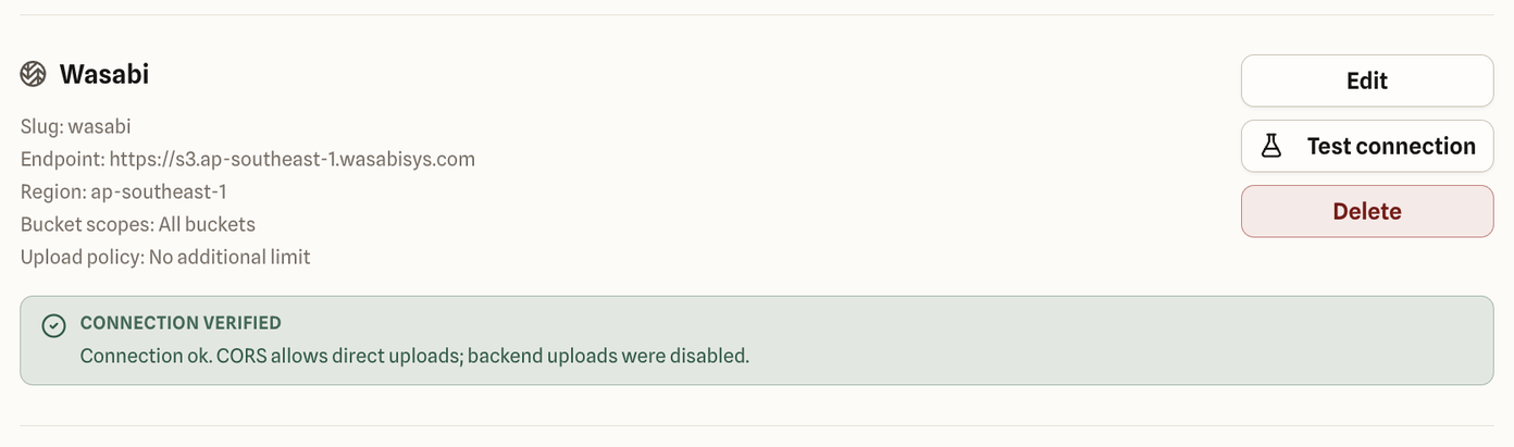 A Wasabi connection card with its slug, endpoint, region, bucket scopes, and upload policy, followed by a green Connection verified message: Connection ok. CORS allows direct uploads; backend uploads were disabled.