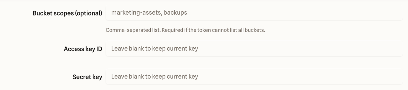 Edit form for a Wasabi connection: Bucket scopes, then Access key ID and Secret key fields, both showing the placeholder Leave blank to keep current key.