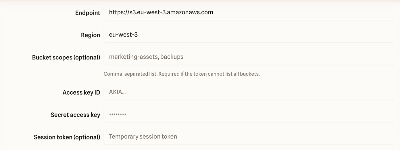 AWS S3 connection fields: Endpoint set to https://s3.eu-west-3.amazonaws.com, Region set to eu-west-3, empty Bucket scopes, Access key ID, Secret access key, and optional Session token.