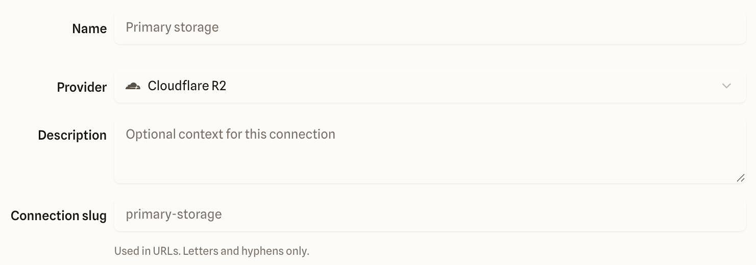 Top of the New connection form with Name, Provider set to Cloudflare R2, Description, and Connection slug fields.