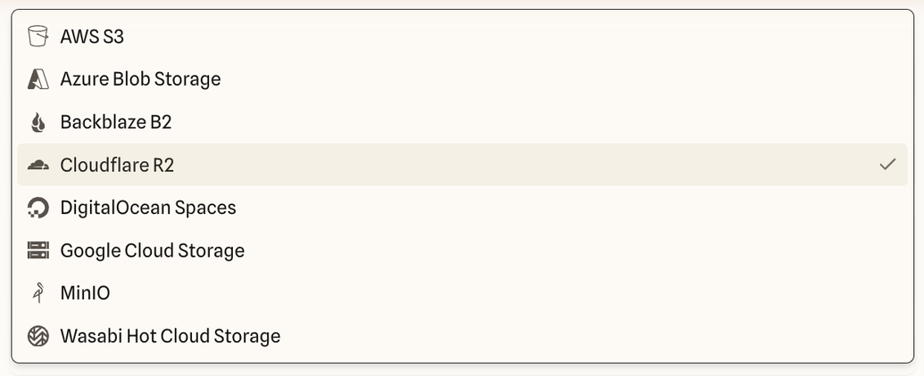 The Provider list open on the New connection form, listing AWS S3, Azure Blob Storage, Backblaze B2, Cloudflare R2, DigitalOcean Spaces, Google Cloud Storage, MinIO, and Wasabi Hot Cloud Storage.