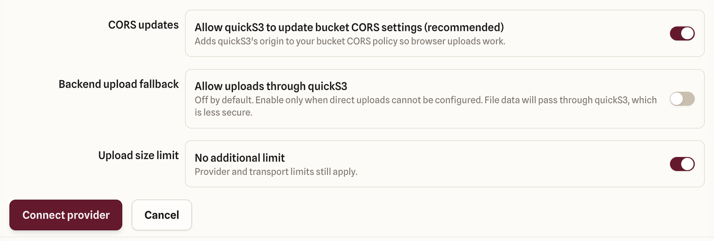 Bottom of the New connection form: CORS updates switched on, Backend upload fallback switched off, No additional limit switched on, and the Connect provider button.