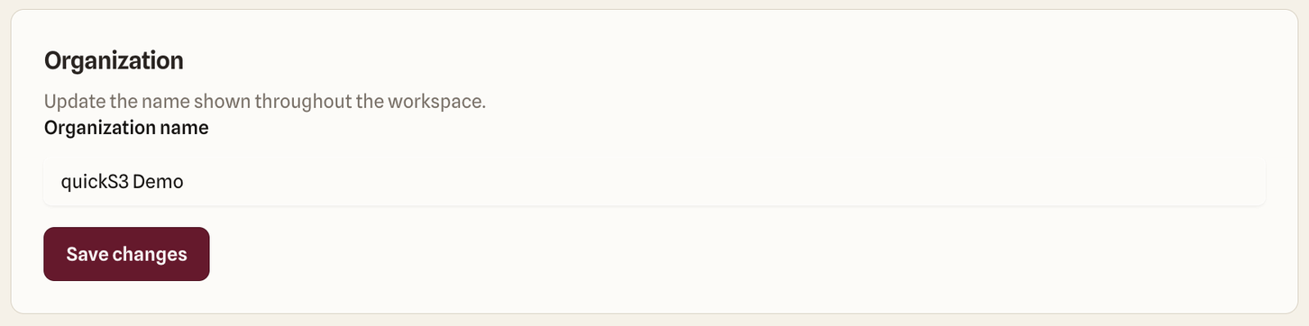 The Organization card on the Settings page, with the Organization name field and a Save changes button.
