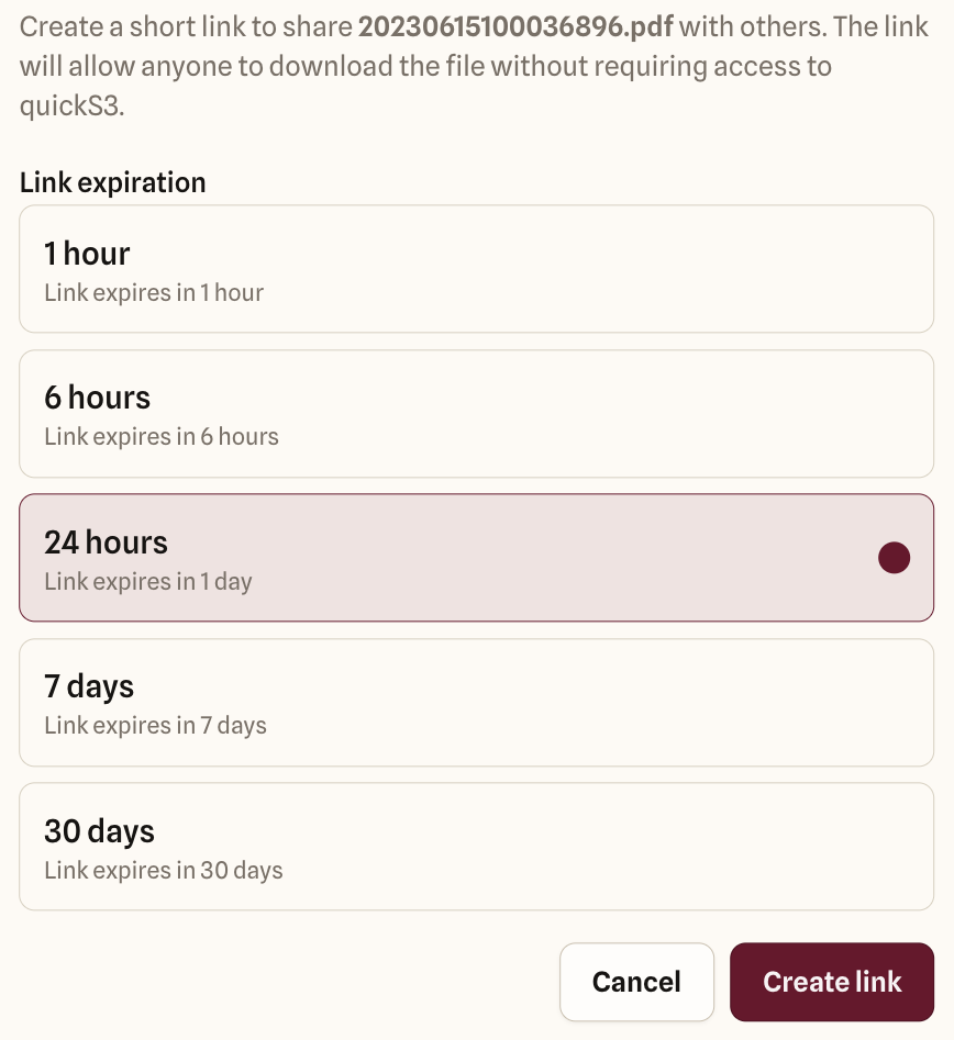 Share file dialog warning that anyone with the link can download the file, with five expiration options from 1 hour to 30 days, 24 hours selected, and Cancel and Create link buttons.