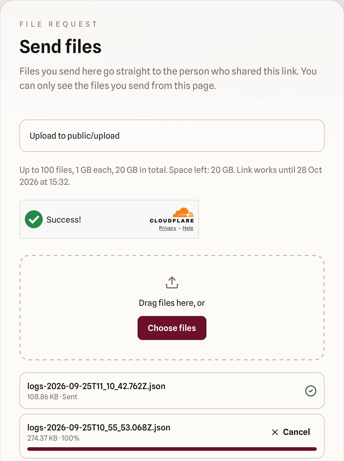 The quickS3 “Send files” page a customer sees, with one file sent and a second finishing its upload