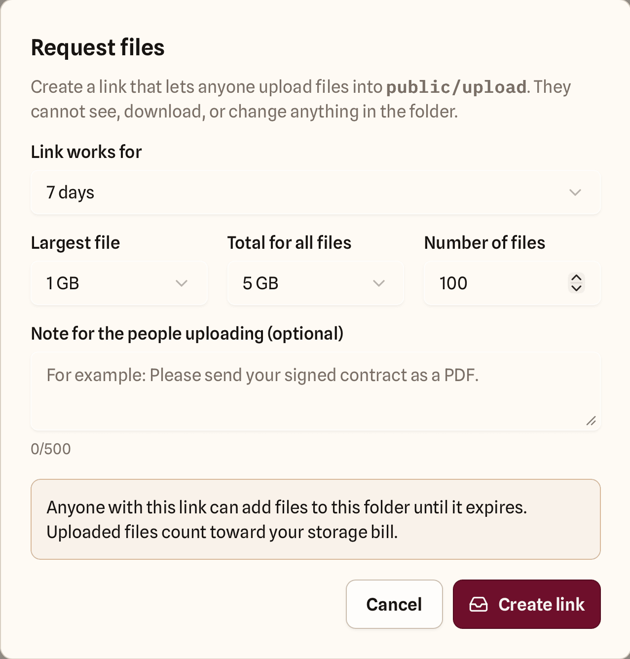 The quickS3 “Request files” dialog with a 7-day link, 1 GB largest file, 5 GB total, and a 100-file limit