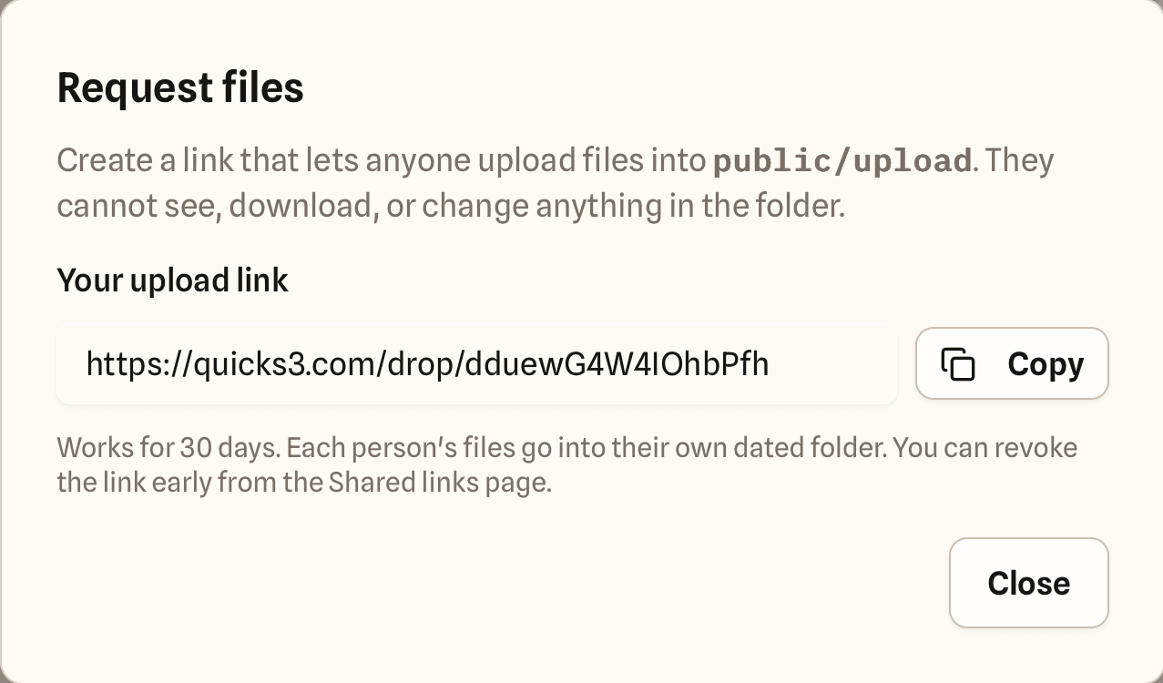 The upload link quickS3 creates, with a Copy button and a reminder that it can be revoked from the Shared links page