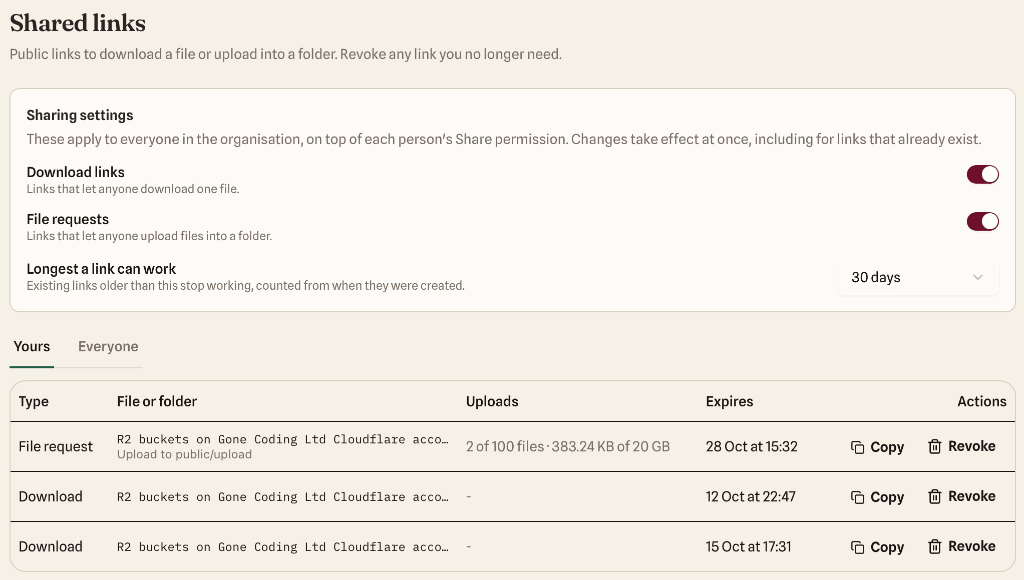 The quickS3 Shared links page, listing a file request with 2 of 100 files received and two download links, each with Copy and Revoke buttons