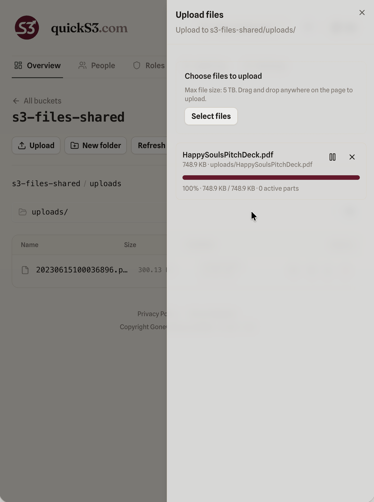 Upload progress panel